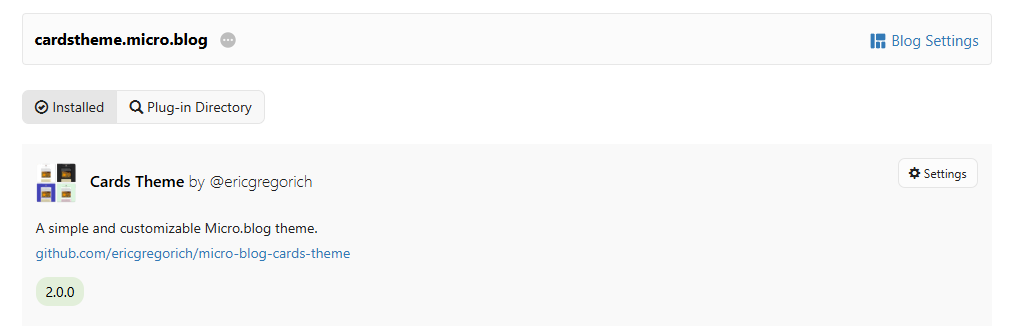 A screenshot of the Cards Theme in the Micro.blog Plugins directory.