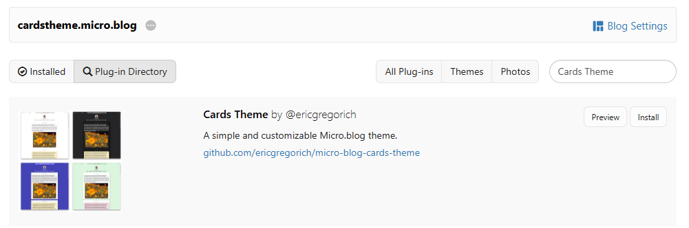 A screenshot showing the Cards Theme in the Micro.blog plugin search results.