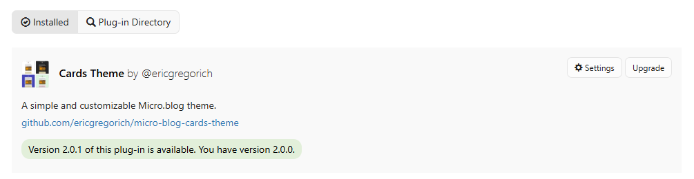 Auto-generated description: A notification shows that version 2.0.1 of the Cards Theme plugin is available, while version 2.0.0 is currently installed.