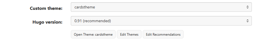 Auto-generated description: A screenshot of a software interface showing options for selecting a custom theme and Hugo version, with buttons for opening and editing themes and recommendations.