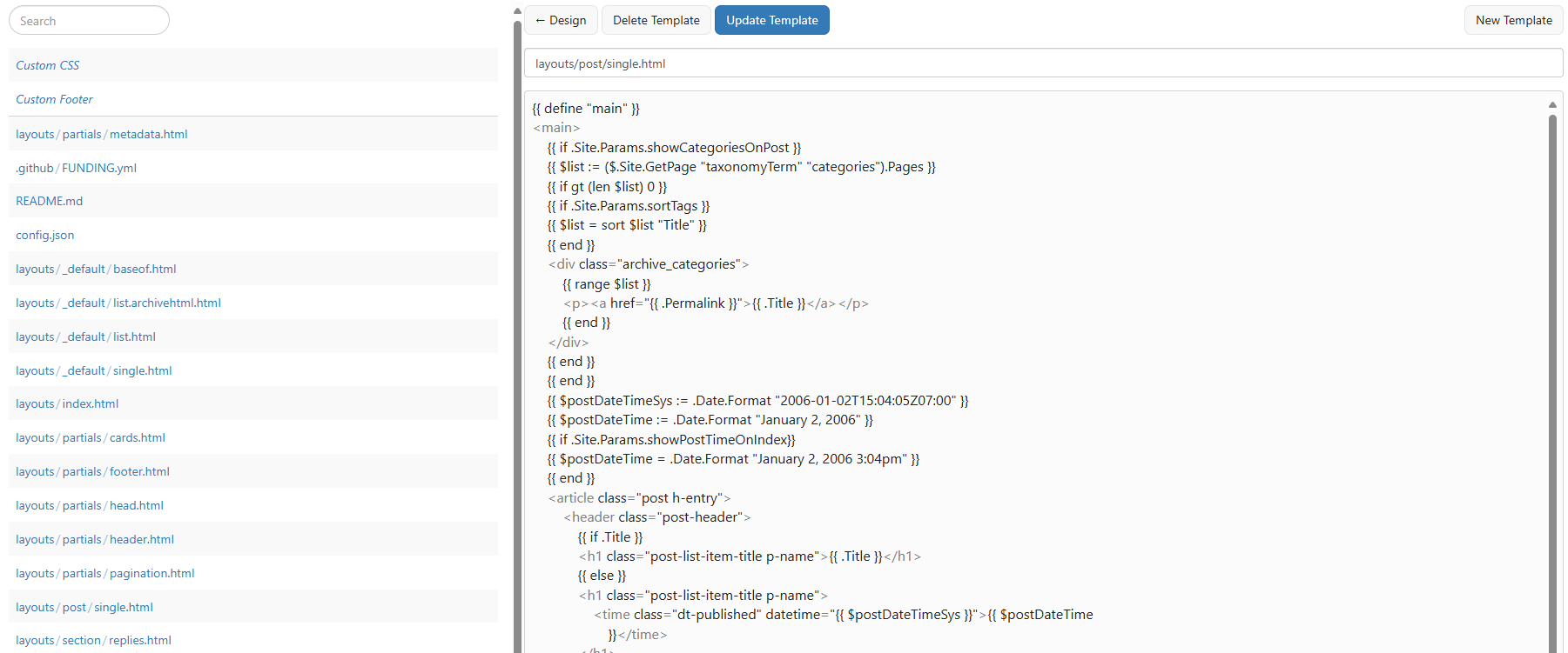 Auto-generated description: A code editor displays a template with a defined structure for organizing and displaying categories and post entries, set within a user interface containing template options.