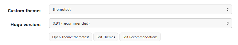 Auto-generated description: Screenshot showing dropdown options for selecting a custom theme and Hugo version.