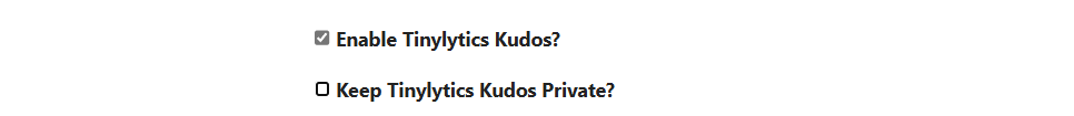 Auto-generated description: A section of a webpage shows two checkbox options: Enable Tinylytics Kudos? which is checked, and Keep Tinylytics Kudos Private? which is unchecked.