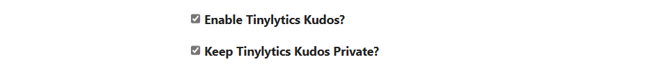 Auto-generated description: Two checkboxes are labeled Enable Tinybytes Kudos? and Keep Tinybytes Kudos Private?.